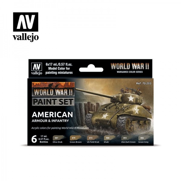 70203 Model Color Set - WWII American Armour & Infantry (6)