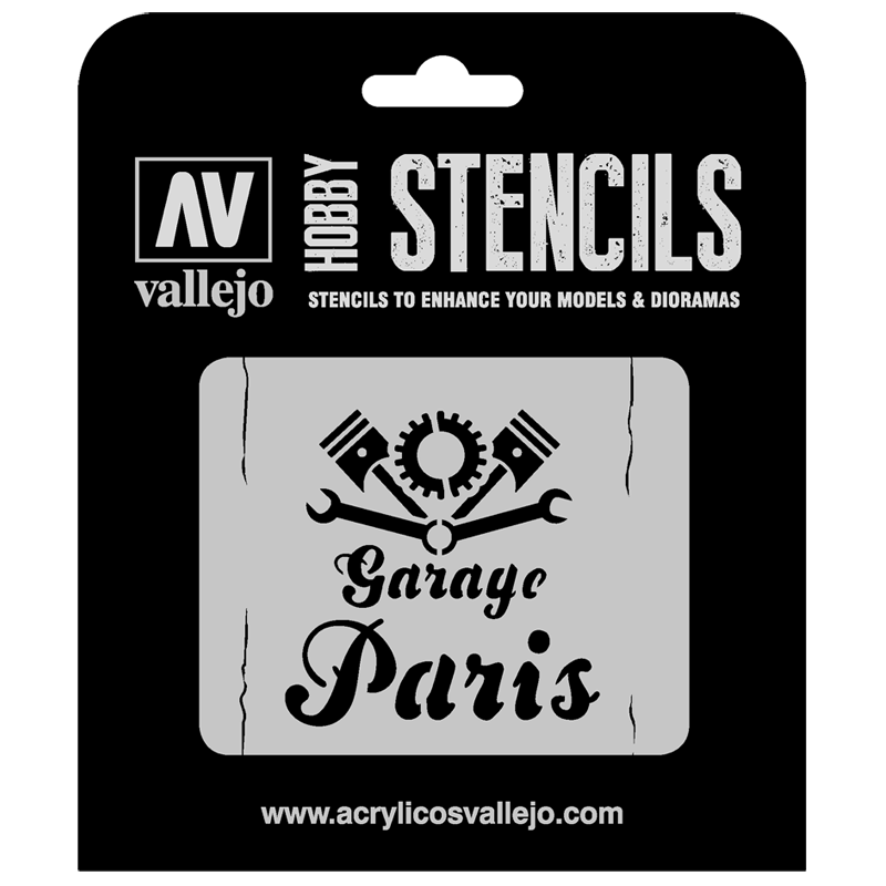 ST-LET001 Vallejo Hobby Stencils - Vintage Garage Sign, 1/35 Scale