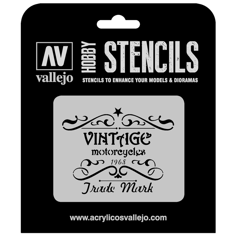 ST-LET005 Vallejo Hobby Stencils - Vintage Motorcycles Sign, 1/35 Scale